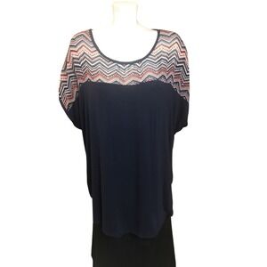 Chic‎ Chevron Print Top Navy Blue Dolman Short Sleeve Blouse